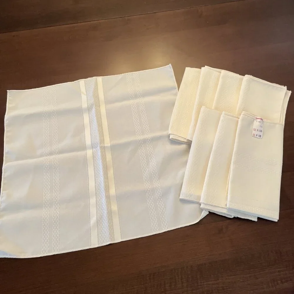 Vintage 80s Ivory Damask Napkins Striped Jacquard Retro 17X17